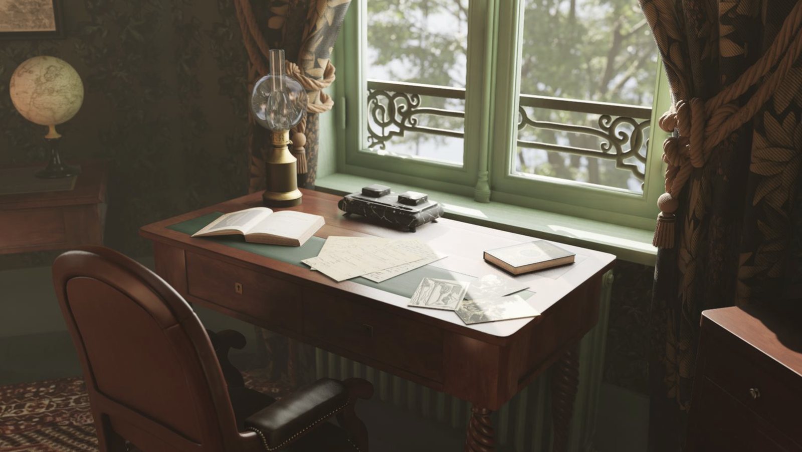 Room 02, Pages Biographiques — Jules Verne's writing desk by a window in Amiens, with a globe, an oil lamp and handwritten notes, recreated for the 360° virtual reality film