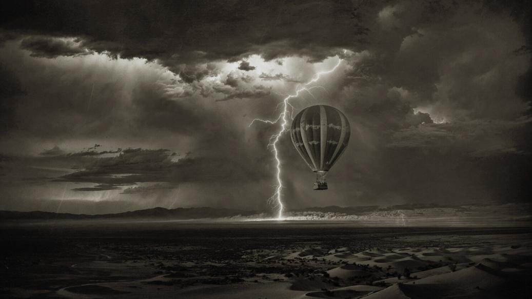 Room 06, Voyages Extraordinaires: Snapshots — an algorithmically generated sepia photograph of a hot-air balloon struck by lightning over a stormy plain
