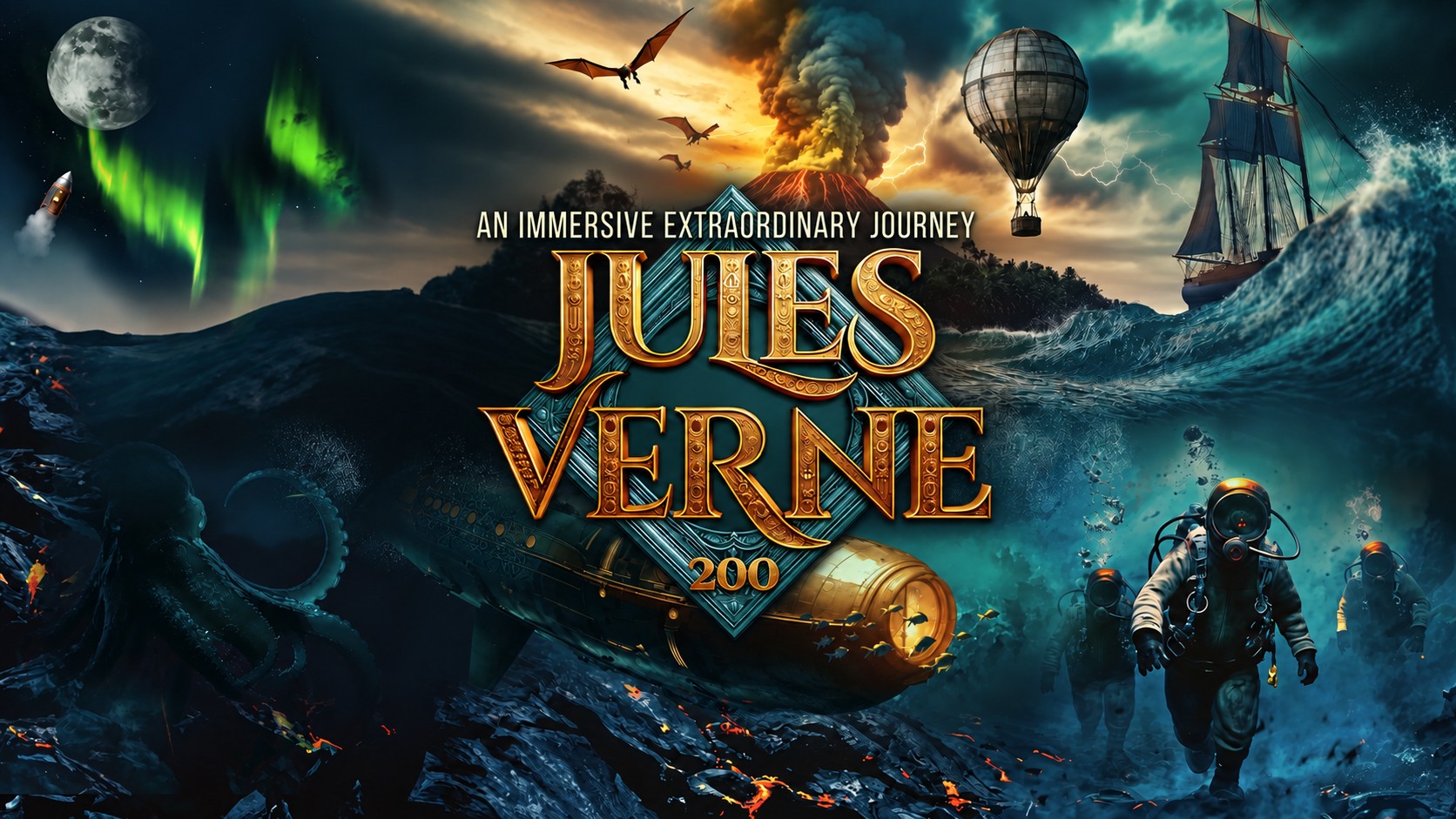 Jules Verne 200 — An Immersive Extraordinary Journey. A Nautilus-like submarine, deep-sea divers, a giant octopus, an erupting volcano, a hot-air balloon, a tall ship, the Moon and a rocket: the worlds of Jules Verne around the Jules Verne 200 logo.